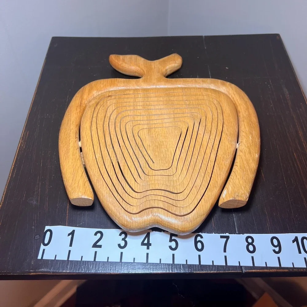 Handcrafted Wooden Apple Collapsible Basket Fold Flat Fruit Bowl Rustic Country